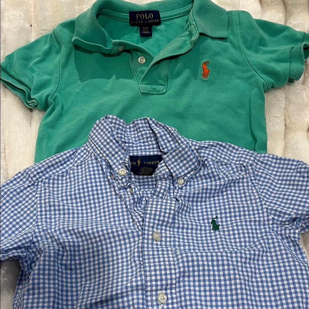 Two Polo by Ralph Lauren Kids Green Polo & Blue Gingham Button‑Down Set